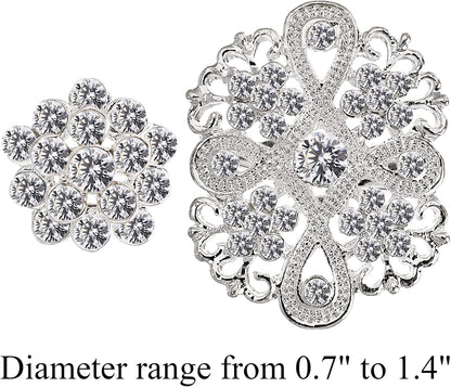 Lot 24 Pcs Crystal Brooches Pins, Silver Shining Clear Rhinestone Brooches Flower Jewelry Bridal Wedding Bouquet Kit Gift for Girls, Women, DIY Decoration