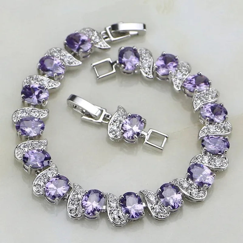 925 Silver Jewelry Purple Amethyst White CZ Charm Bracelets For Women