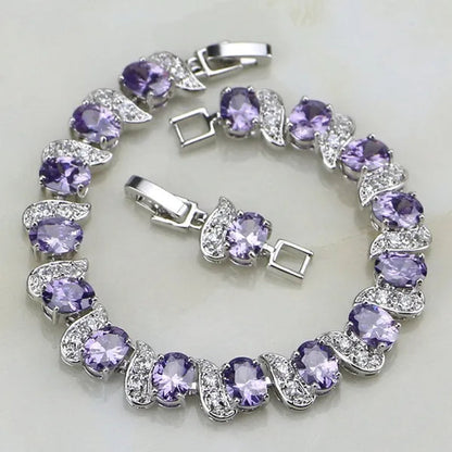 925 Silver Jewelry Purple Amethyst White CZ Charm Bracelets For Women