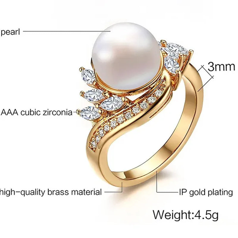 Gold Womens Girls Band Ring for Wedding Promise Engagement Copper Cubic Zirconia Freshwater Cultured Pearl Ring Size 5-12