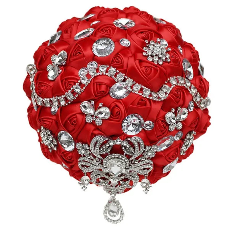 Shiny Luxury Rhinestone Brooch Pendant Wedding Bouquet 21CM Silk Rose Flower Diamond Bridal Bouquet Handmade Bridesmaid Holding Flowers