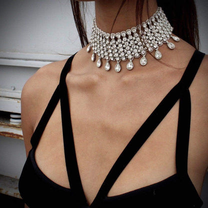 Vintage Boho Full Rhinestones Necklaces Tassel Jewelry Set Layered Pendant Statement Chunky Chain Necklace for Women