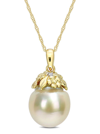 9-10Mm Drop South Sea Cultured Freshwater Pearl and Diamond Accent 14Kt Yellow Gold Leaf Crown Drop Pendant with Chain
