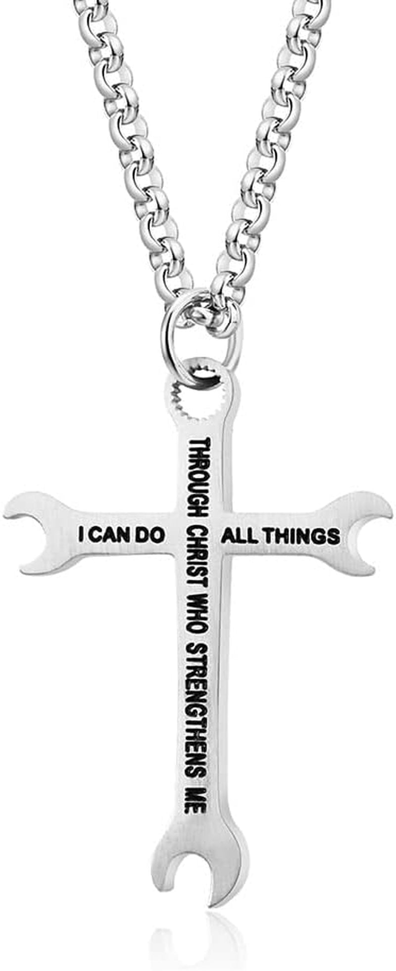 Men Wrench Cross Necklace,Stainless Steel Silver/Gold/Black I Can Do All Things Inspiring Bible Verse Pendant Necklace Christian Jewelry,60Cm Rolo Chain