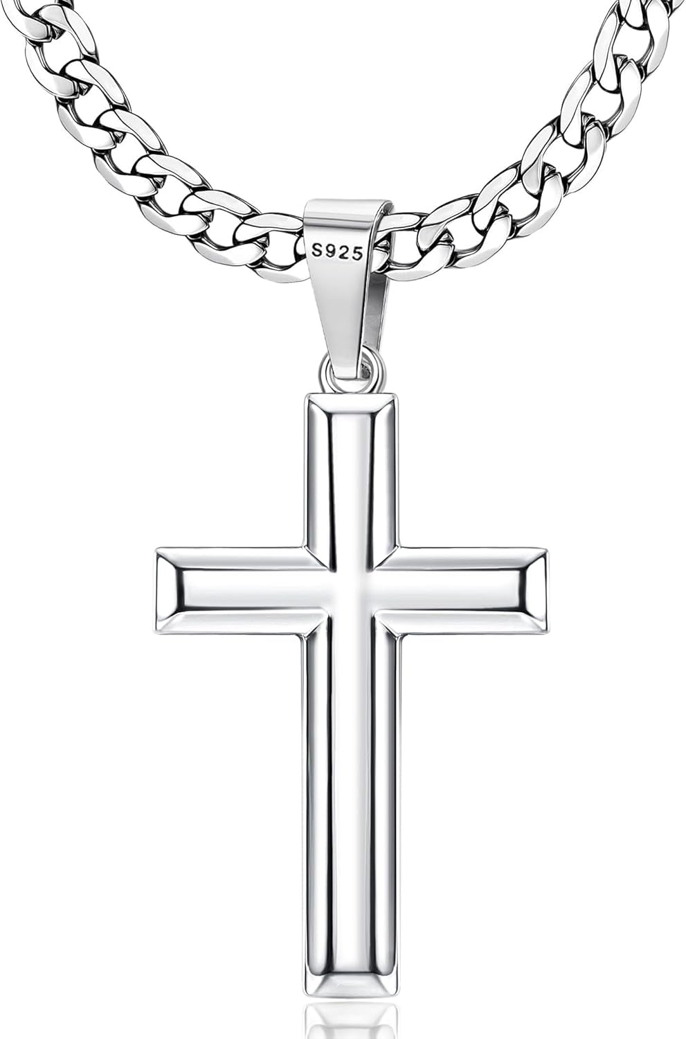 925 Sterling Silver Cross Necklace for Men Women - 5Mm Durable 316L Stainless Steel Cuban Link Curb Chain with Beveled Edge Cross Pendant, Silver Crucifix Necklaces Jewelry, 18-30'' Christian Baptism Gift