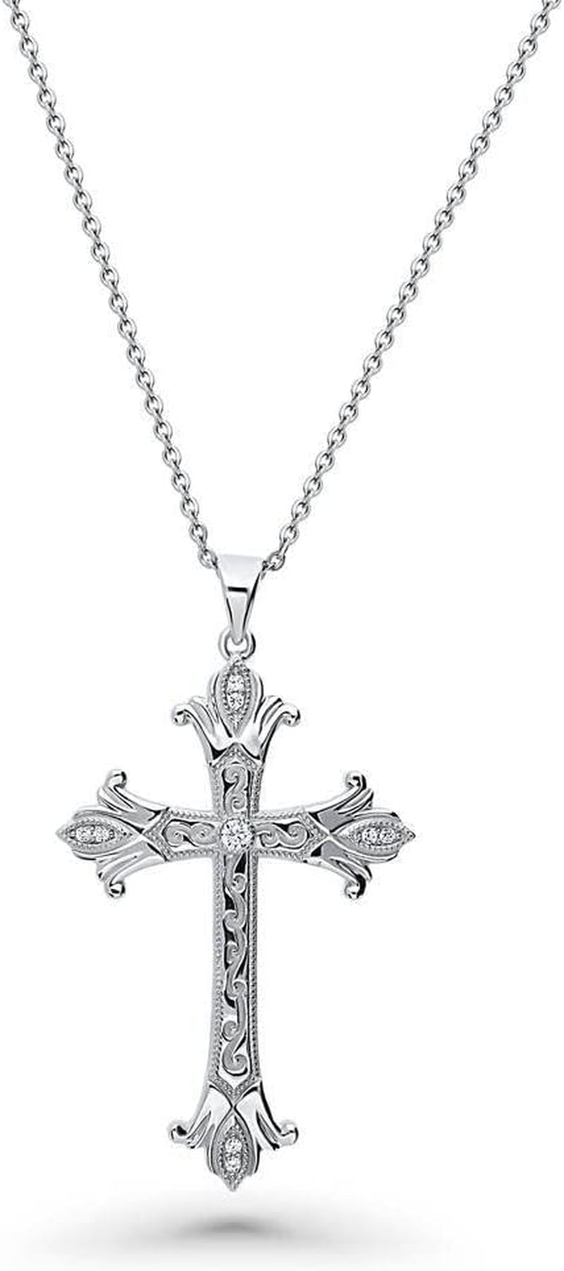 Sterling Silver Gold Flashed Cross Pendant Necklace for Women, Cubic Zirconia CZ - Sideways Cross, Filigree Styles
