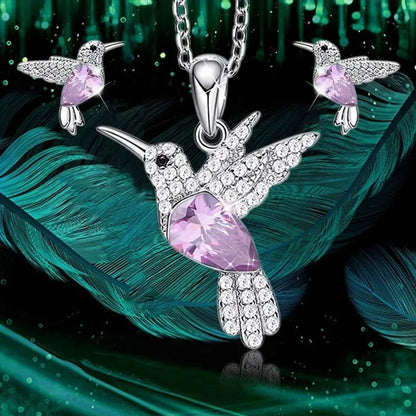 Hummingbird Silver Jewelry Set Women Pendant Necklace and Stud Earring Set Crystalsfine Animal Jewelry, Gift for Mothers Day