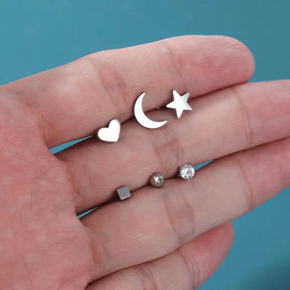 6 Pairs 5 Colors Stainless Steel Tiny Stud Earrings for Women Girls Heart Moon Star Crystal CZ Earrings Cartilage Helix Ear Piercing Set