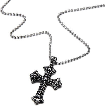 Men'S Stainless Steel Gothic Cross Necklace, Distressed Silver Tone Religious Pendant with Ball Chain, Vintage Biker Jewelry Gift