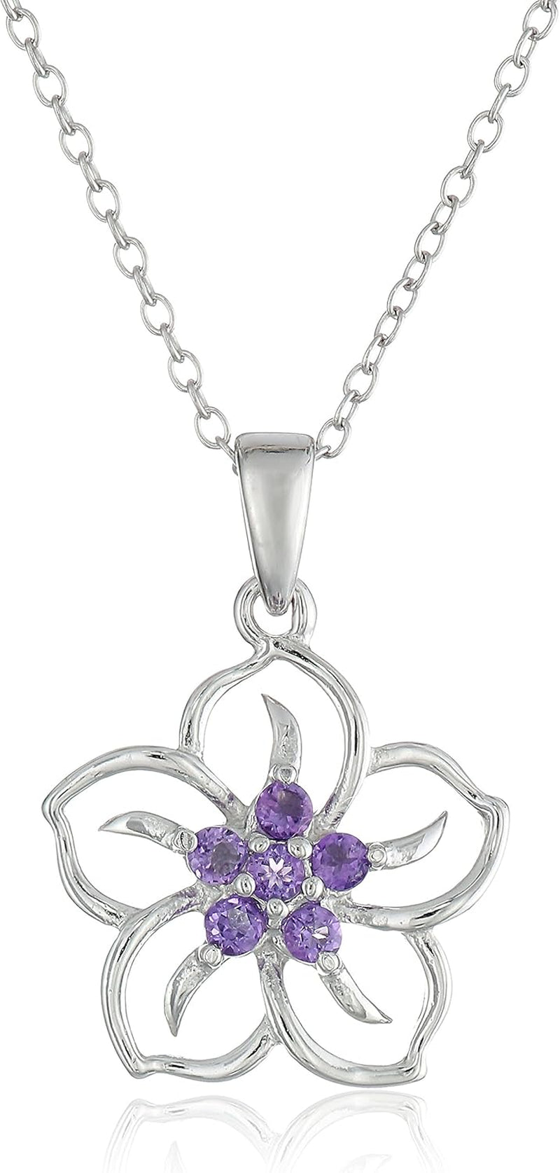 Genuine or Created Gemstone Birthstone Flower Pendant Necklace with Chain in Sterling Silver, 18" (Previously Amazon Collection)