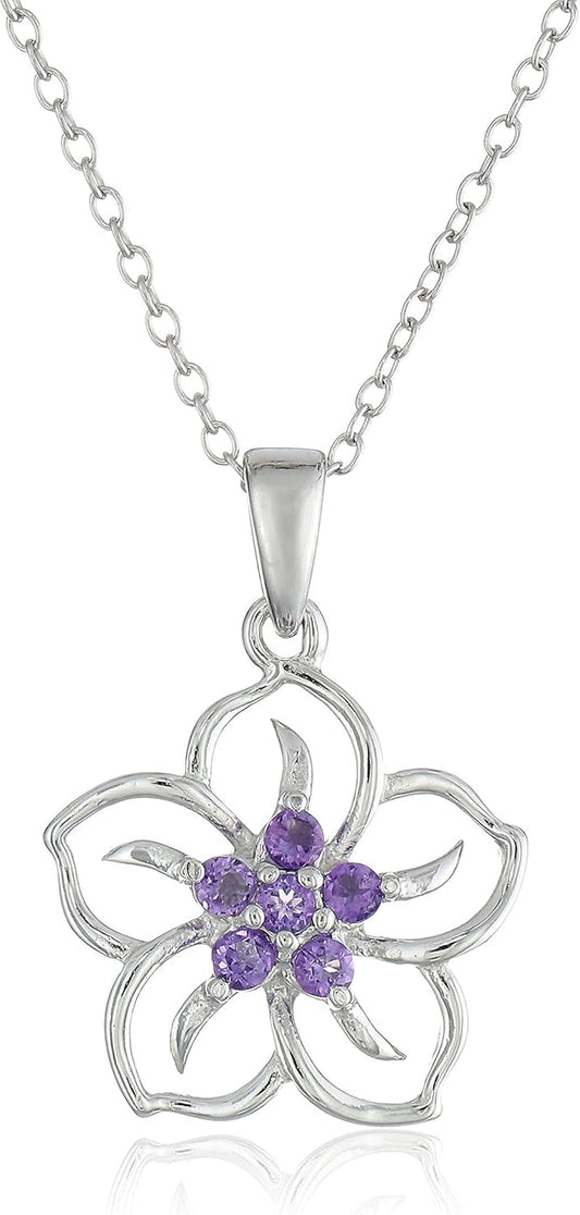 Genuine or Created Gemstone Birthstone Flower Pendant Necklace with Chain in Sterling Silver, 18" (Previously Amazon Collection)