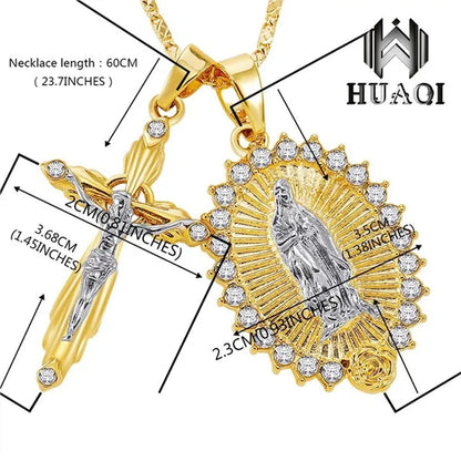 New Fashion18k Gold Plated Setting CZ Diamond Virgin Mary Necklace + Cross Necklace INRI Crucifix Jesus Piece Pendant Women Jewelry Christmas Gifts
