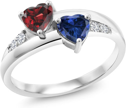 925 Sterling Silver Red Garnet and Blue Created Sapphire and Lab Grown Diamond Women Engagement Ring (1.24 Cttw. Heart Shape 5MM, Available in Size 5, 6, 7, 8, 9)