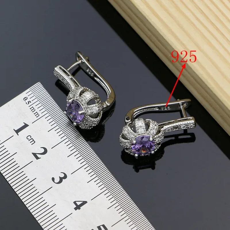 Natural Purple Amethyst 925 Silver Jewelry Set Sky White Topaz Gemstone Clip Earrings Pendant Ring Bracelet for Women