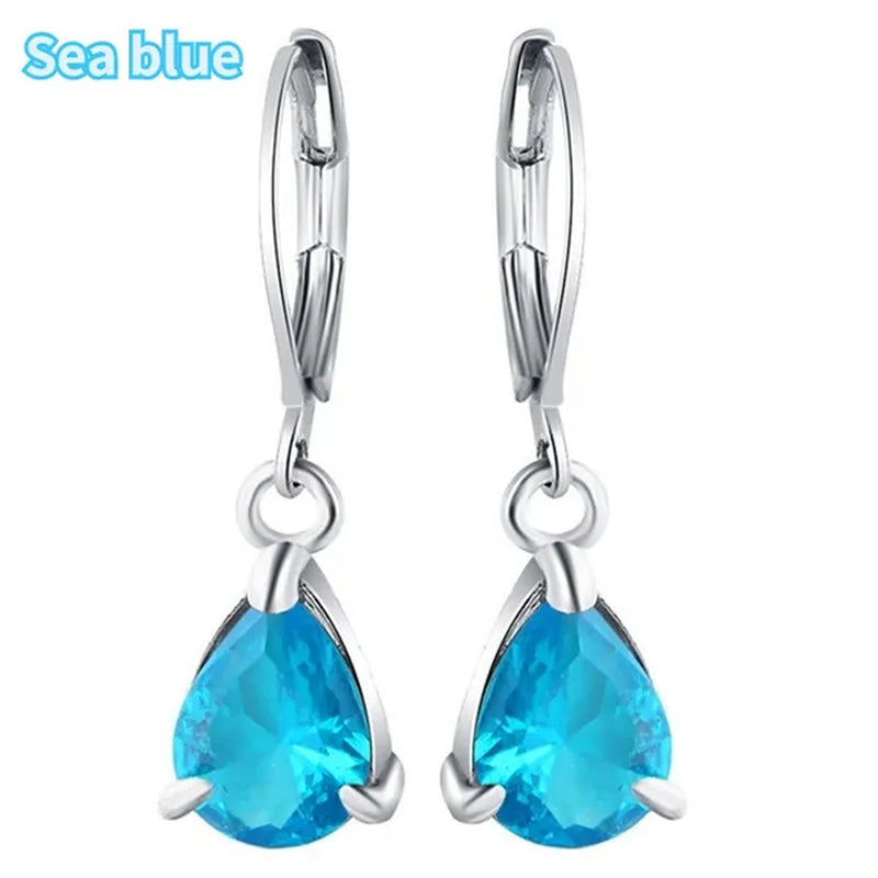 Women Silver Plated Pink Blue Cubic Zirconia Earrings Water Drop Pendant Earrings Bride Wedding Engagement Anniversary Gift Jewelry