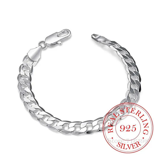 Men's Fine Jewelry 8 Inch 20cm Bracelet 925 Sterling Silver Fashion Charm 8MM Sideways Flat Chain Bracelets Bangle For Women Men