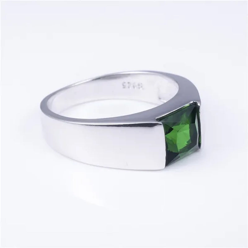 Men'S Eternity 925 Sterling Silver Square Natural Green Gemstone Stone Solitaire Ring Size 8-12