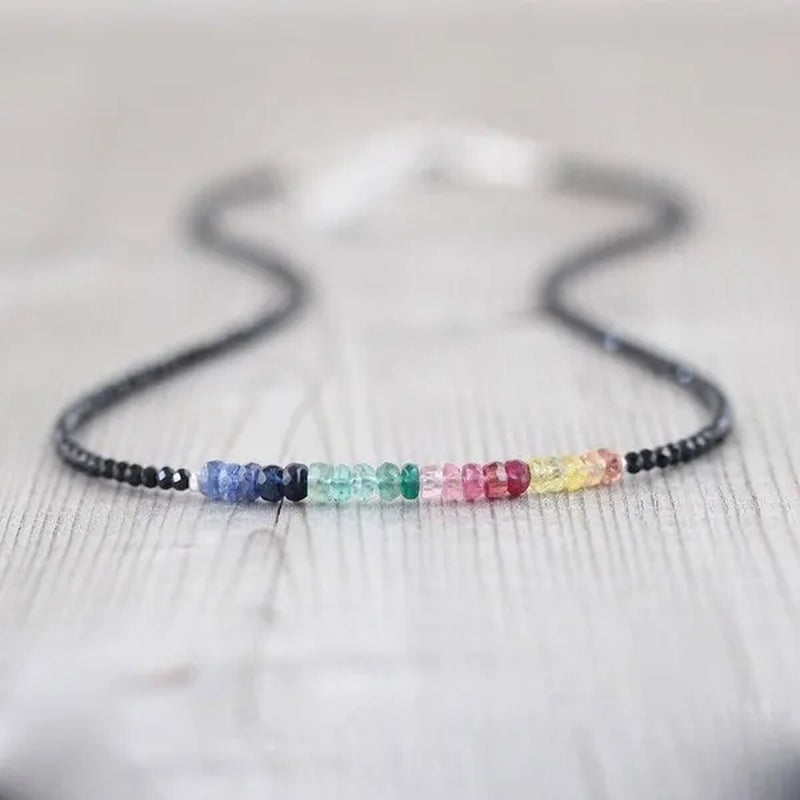 Sapphire, Ruby, Emerald & Black Spinel Necklace. Sterling Silver, Rose, Gold Filled. Dainty Delicate Multi Color Gemstone Choker for Women