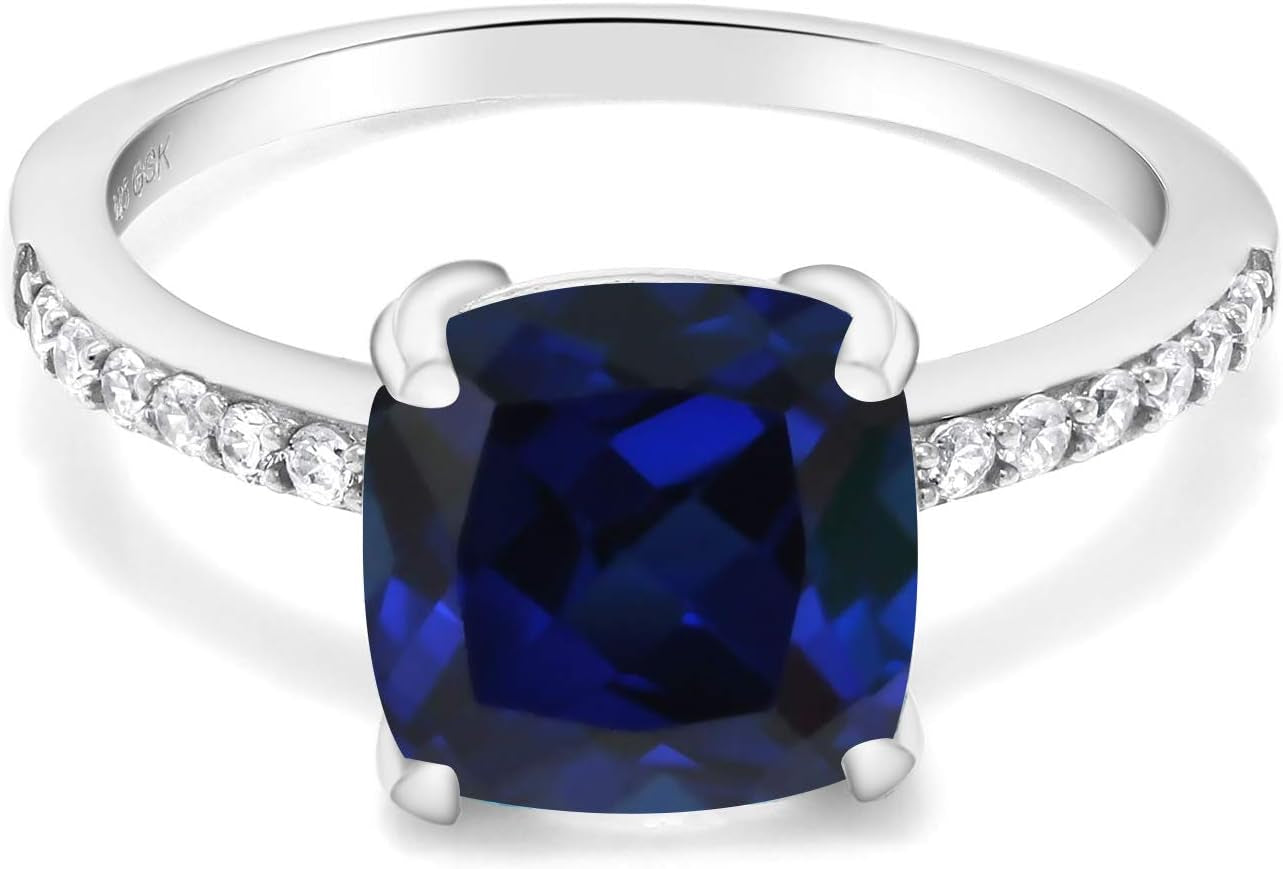 925 Sterling Silver Blue Created Sapphire Engagement Ring for Women (2.62 Cttw, Cushion Cut 8MM, Available in Size 5, 6, 7, 8, 9)