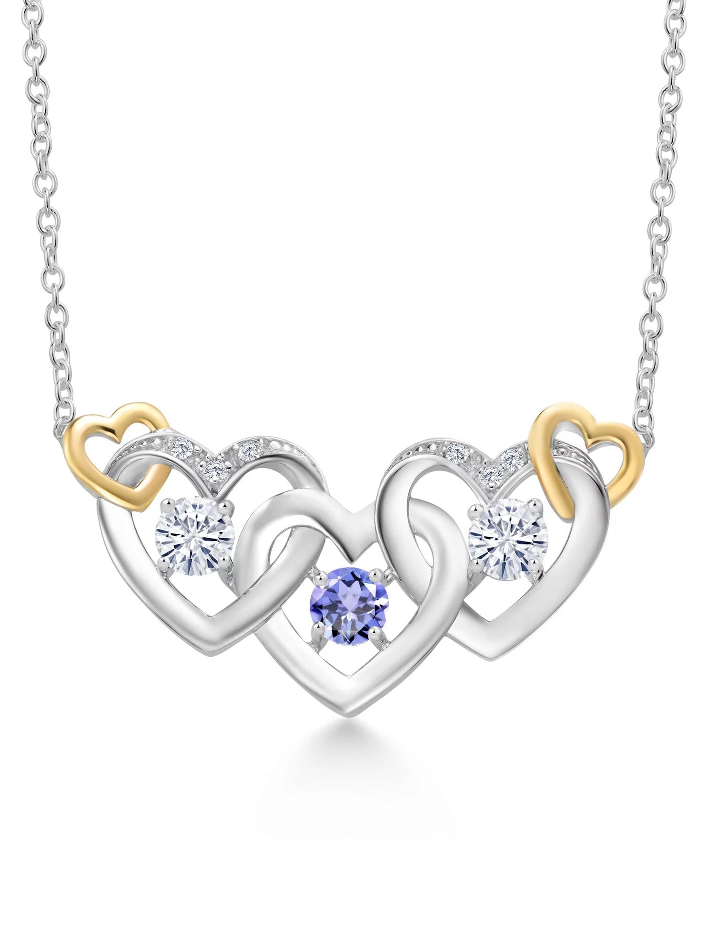 925 Silver and 10K Yellow Gold Blue Tanzanite White Moissanite from Charles & Colvard and White Lab Grown Diamond Heart Shape Pendant Necklace for Women (0.82 Cttw, with 18 Inch Chain)