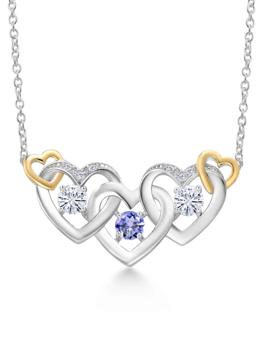 925 Silver and 10K Yellow Gold Blue Tanzanite White Moissanite from Charles & Colvard and White Lab Grown Diamond Heart Shape Pendant Necklace for Women (0.82 Cttw, with 18 Inch Chain)