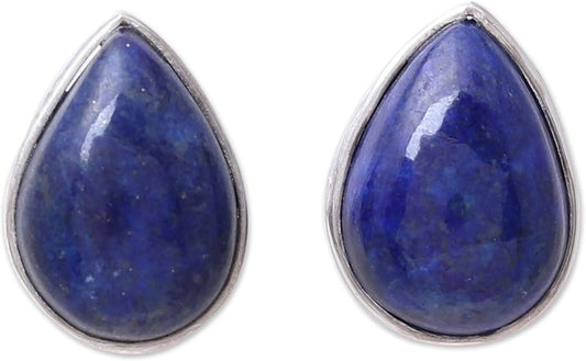Artisan Handmade Jewelry Teardrop Earrings | Lapis Lazuli Button Earrings | .925 Sterling Silver Teardrop Earrings from India | Crafted by Hand Birthstone Gemstone Earrings 'Mystic Tears'