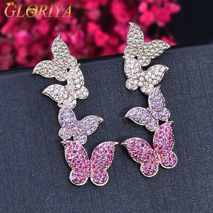 Gloriya Women'S Fashion Silver Plated Ear Jewelry Micro Pave Colorful CZ Delicate Butterfly Design Long Earrings for Dancing Party