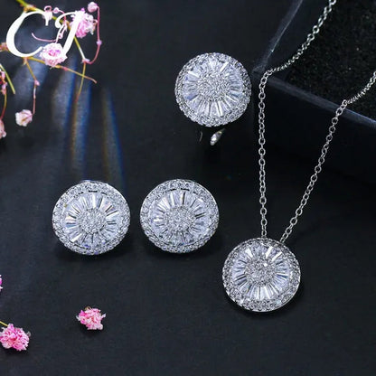 CANDICE Sparkling CZ Stone White Gold Plated 4pcs Wedding Jewelry Sets Round Pendant Necklace Earrings Bracelet Ring Prom Set For Brides