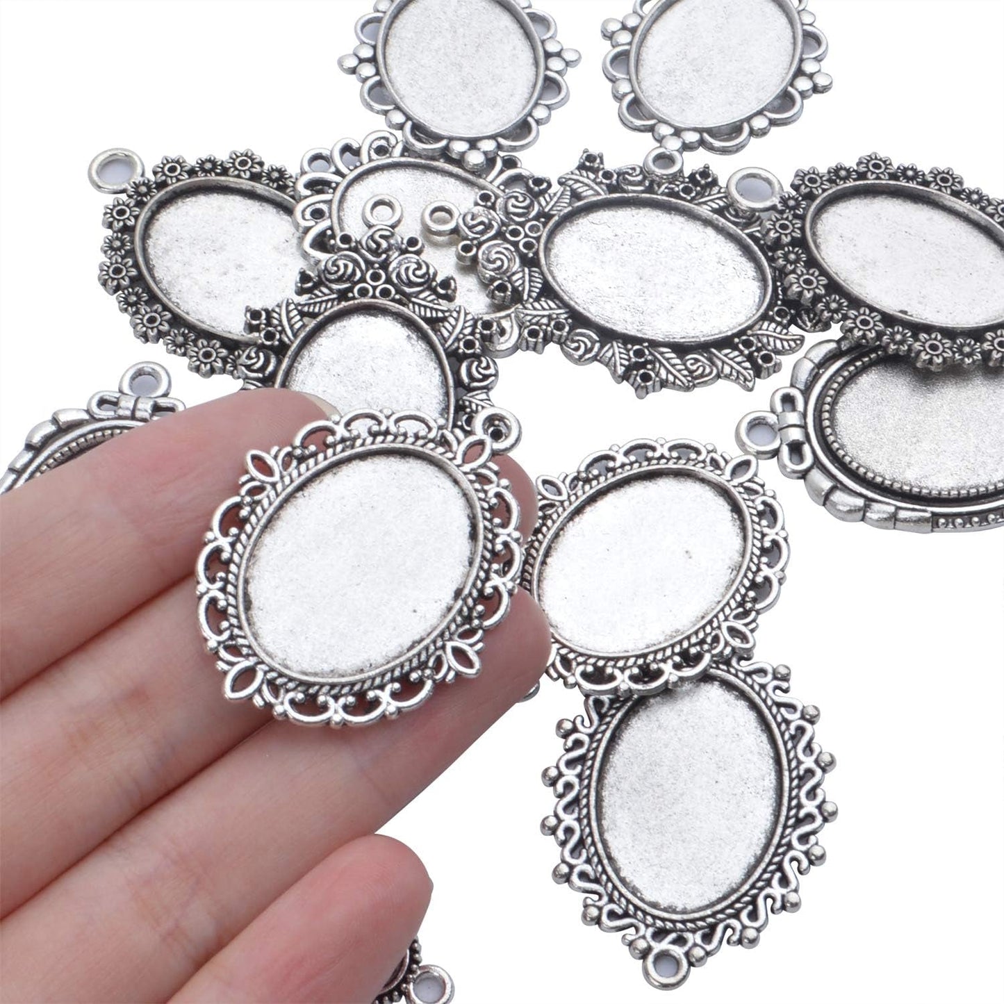 16 Pieces Bezel Pendant Trays, 18X25Mm Oval Pendant Trays Bezels Cabochon Settings Trays Pendant Blanks for Crafting DIY Jewelry Making - 8 Styles, Antique Silver