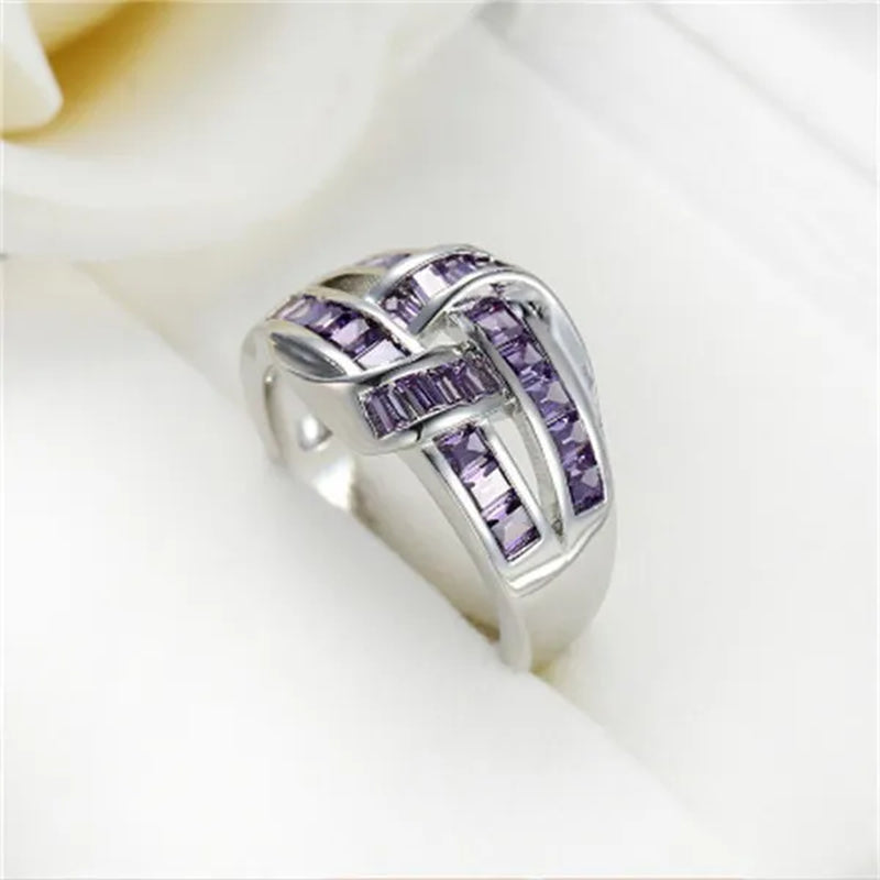 Princess Silvering Purple Amethyst Gemstone Birthstone Wedding Engagement Heart Ring