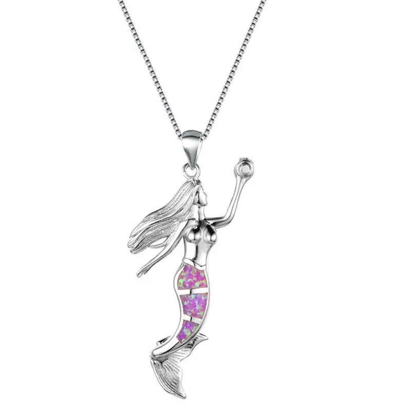 Heat! New Fashion Mermaid Fire Opal 925 Silver Pendant Necklace Bridal Personality Glamour Wedding Jewelry  5 colors
