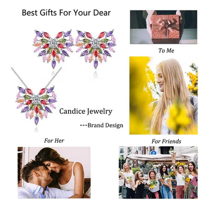 CANDICE New Fashion Women Heart Pendant Jewelry Set Pave Purple Red Green Marquise Cubic Zirconia Party Chain Necklace Big Stud Earrings Sets for Girls Gift