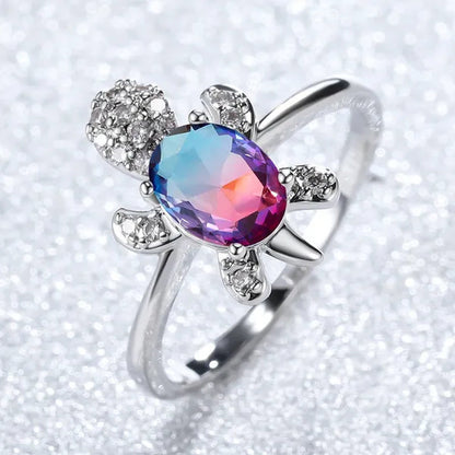 Rainbow Stone Turtle Rings Cute Animal Sea Turtle Ring White Sapphire Diamond Ring Ocean Style Turtle Aquamarine Crystals Rings for Women and Men Birthday Party Anniversary Gift Wedding Engagement Ring Jewelry 14 Colors Size 5-11