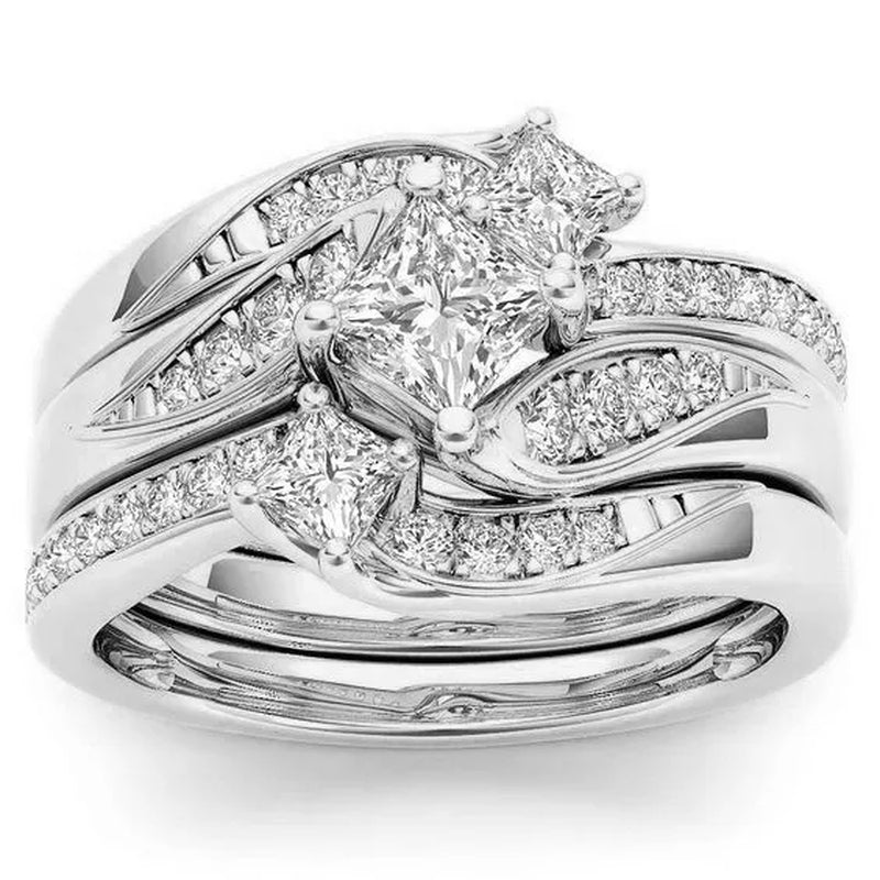 3 Pcs/Set Exquisite Fashion 925 Sterling Silver Natural White Sapphire and Diamond Ring Set Anniversary Gift Bridal Engagement Wedding Jewelry Set Ring Size 5-11 (3 Style Silver, Gold, Rose Gold)