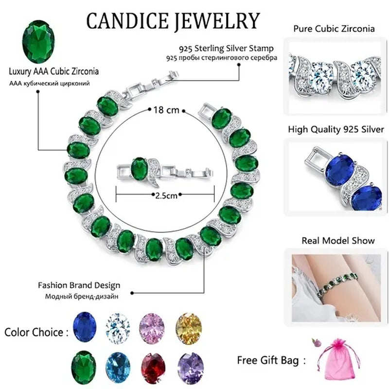 CANDICE 2023 Newest Design Women Luxury CZ Zirconia Silver Bracelets With Blue Stones 18CM+2.5CM（extended clasp）