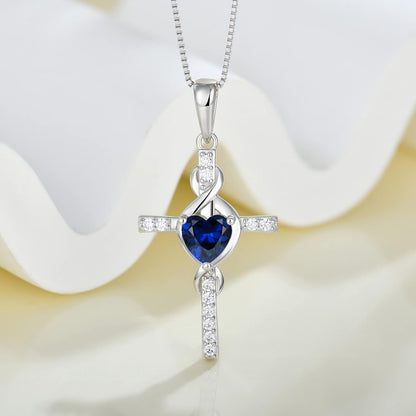 Cross Infinity Necklace 925 Sterling Silver Heart Birthstone Pendant Jewelry Christian Gift for Women Her