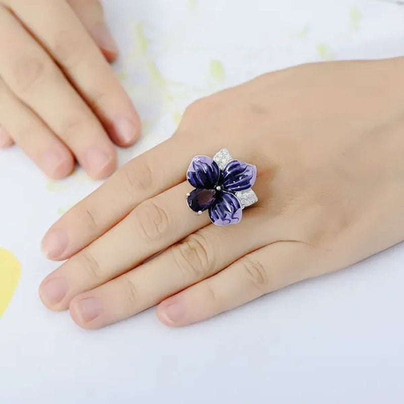 New Fashion Butterfly Flower Ring Jewelry Women 9Natural Gemstone Amethyst  Ring Anniversary Christmas Gift Bridal Engagement Wedding Ring Size US5-11