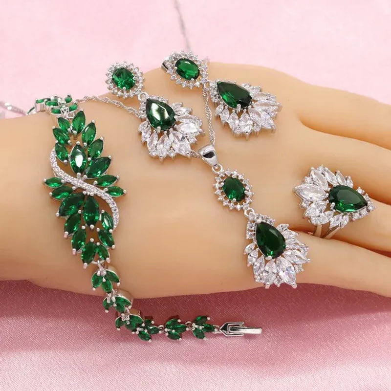 Women jewelry sets Flower Shaped Red/Blue/Green Stones Rings Necklace Earrings