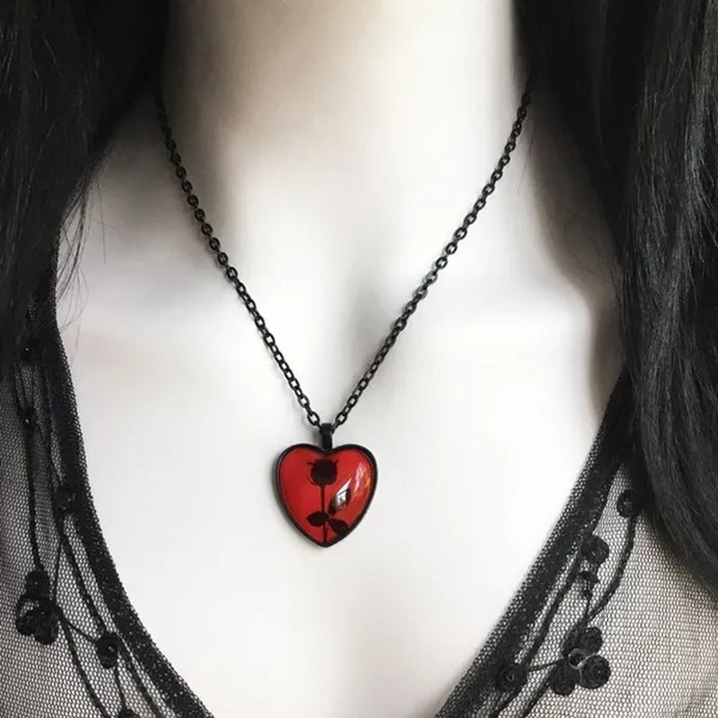 Black Rose Necklace, Red Heart Pendant, Glass Cameo Necklace, Gothic Victorian, Romantic Valentine Gift Idea, Gothic Jewelry, Handmade