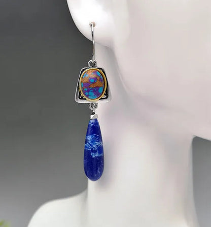 New Boho Style Natural Lapis Lazuli Gemstone Hook Earrings Women Wedding Engagement Earrings