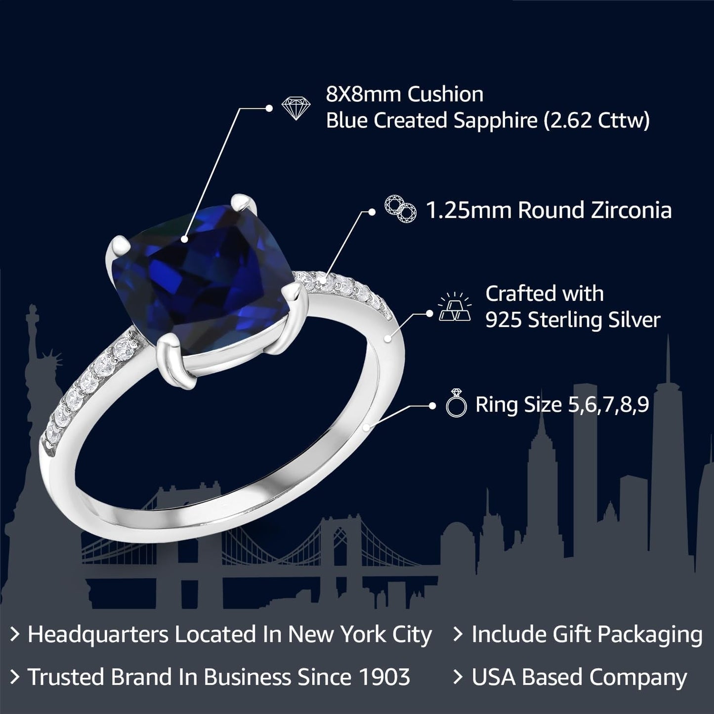 925 Sterling Silver Blue Created Sapphire Engagement Ring for Women (2.62 Cttw, Cushion Cut 8MM, Available in Size 5, 6, 7, 8, 9)