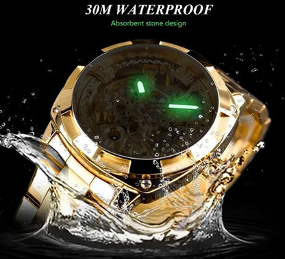 FORSINING New Top Quality Men Luxury Skeleton Automatic Winding Mechanical Watches Gold Stainless Steel Waterproof Wristwatch with Gift Box