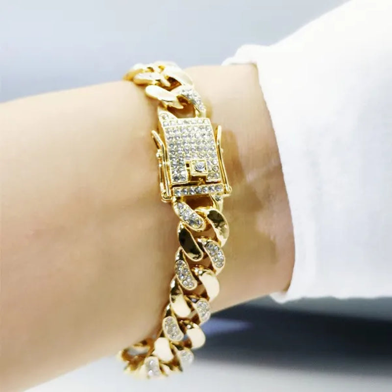 High Quality 12mm Hip Hop Hipster Cuban Chain Diamond Bracelet Men's Jewelry