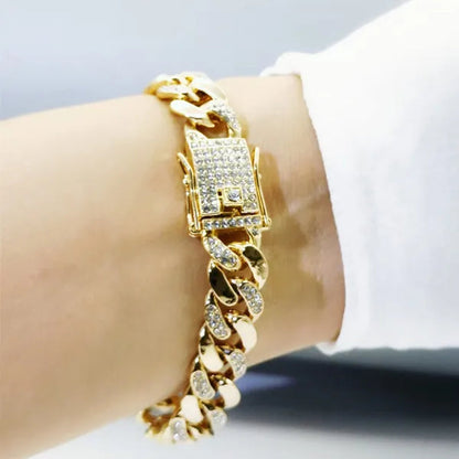 High Quality 12mm Hip Hop Hipster Cuban Chain Diamond Bracelet Men's Jewelry