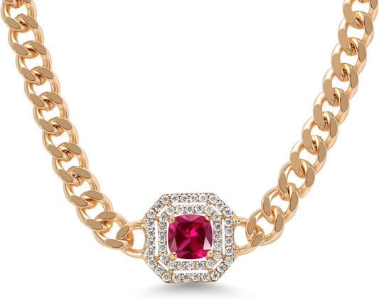 14K Yellow Gold Plated Gemstone Birthstone and White Moissanite Necklace | Cuban Curb Link Chain Pendant Necklace for Women | Cushion 6MM | 16 Inch Chain + 2 Inch Extender