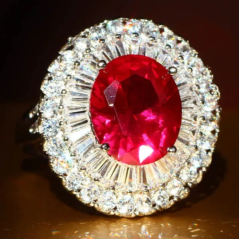 Luxurious  Silver Natural Gemstones Ruby And White Sapphire Wedding Birthstone Bride Engagement Multilevel Square Ring Jewelry Size 6 7 8 9 10