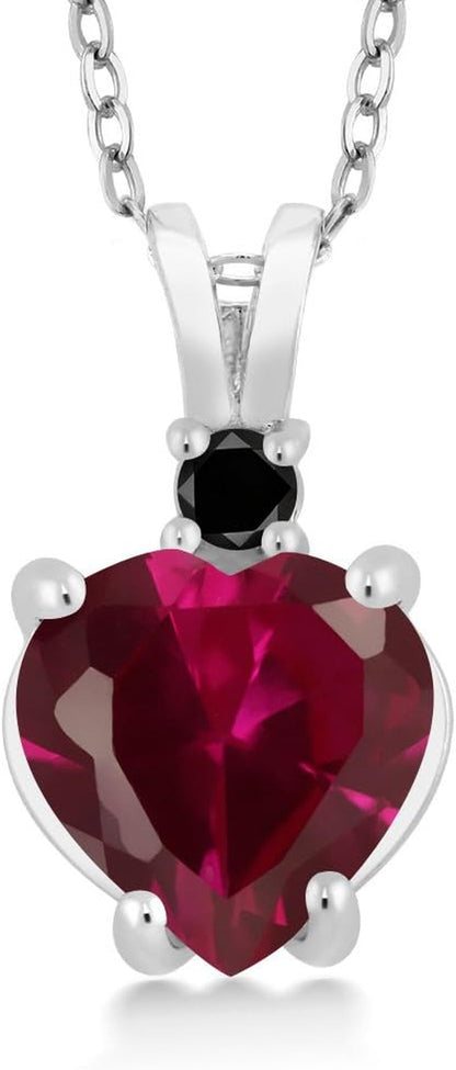 2.25 Cttw 14K White Gold Red Created Ruby and Black Diamond Pendant Necklace for Women | Heart Shape 8MM | with 18 Inch Chain