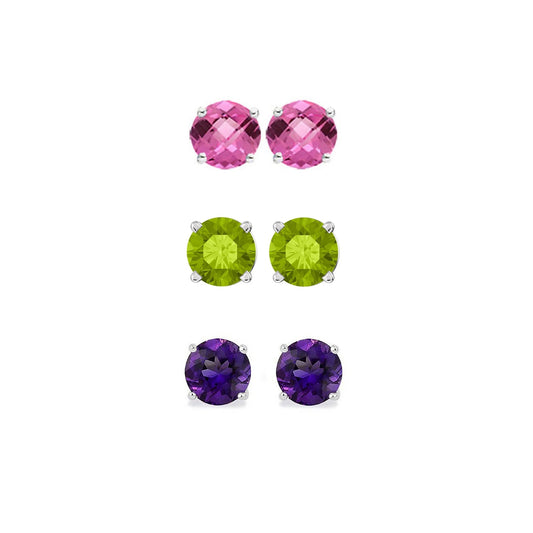 14K White Gold 2Ct Created Pink Sapphire, Peridot and Amethyst 3 Pair round Stud Earrings Plated