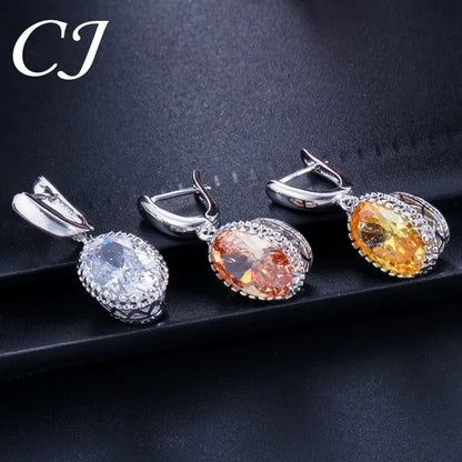 CANDICE Elegant Engagement Accessories Big Oval Cut CZ Stone Silver Necklace Earrings Ring for Bridal Wedding Bling Jewelry Set (US 6-9)