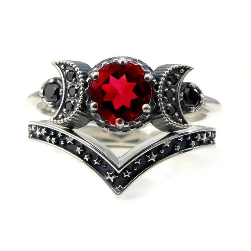 Hecate Triple Moon Ring Set Silver and Black Diamond Engagement Rings Amethyst or Red Crystal Wedding Ring Unique Moon Goddess Rings for Women Fashion Jewelry Boho & Hippie & Gothic Anniversary Gift